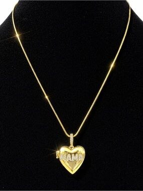 Heart Locket Necklace Gold Crystal Mama Photo Pendant Adjustable 19 New Gift Box